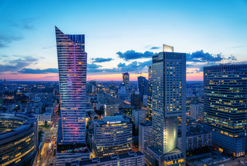 Aerial view of Warsaw downtown business district at night, Poland