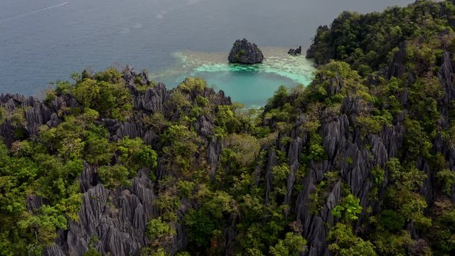 Aerial drone view of twin lagoons in Coron Bay, Coron, Palawan, Philippines