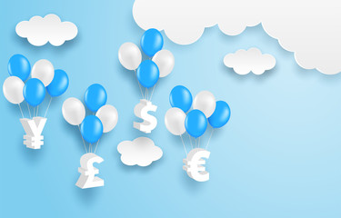 Business and finance concept. Group of currency sign hanging with balloon on blue sky. vector. illustration.