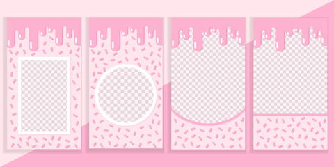 Set of editable social network stories template. Pink candy background.