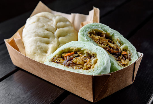 Asian food, Korean steamed pjan-se or pigodi pie with cabbage and meat on