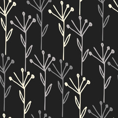 Seamless pattern with pinstripes of hand drawn dried flowers. Black and white reverse design
