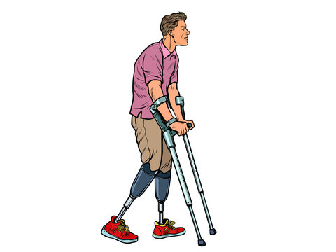Legless Veteran With A Bionic Prosthesis With Crutches. A Disabled Man Learns To Walk After An Injury. Rehabilitation Treatment And Recovery