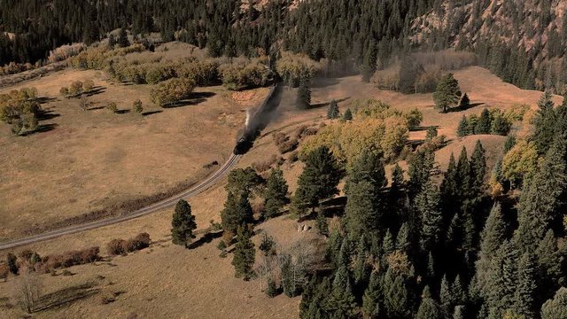 aerial view of Cumbres & Toltec Scenic Steam Train, from Chama, New Mexico to Antonito, Colorado over Cumbress Pas