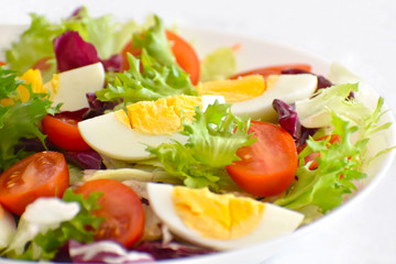 Egg salad with tomato, lettuce and red cabbage. Selective focus. 