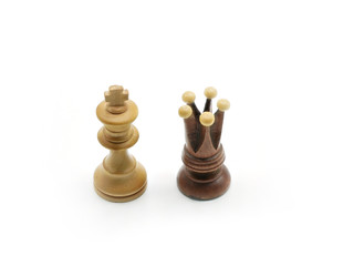 Chess Pieces Couple: White King And Black Queen, Isolated On White Background