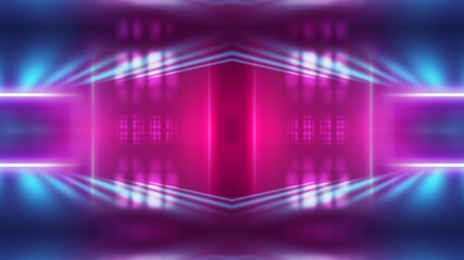 Dark abstract futuristic background. Neon glow, light lines, shapes. UV light.