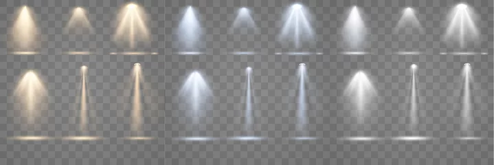 Foto op Aluminium Set van spotlight schijnt op het podium, de scène, het podium. Heldere verlichting met schijnwerpers. Spotverlichting van het podium. Lensflitslichteffect van een lamp of spot. © hopenv