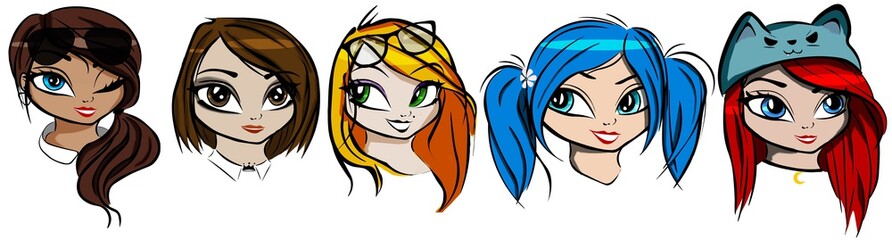 Digital drawings of five different woman heads. 