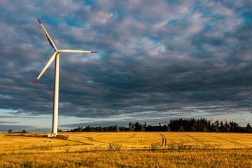 Windmill on Field with Sunset Sky on Background - Wind Turbine