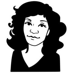 vector outline drawing of a black-haired woman with curly hair looking friendly at the camera. isolated, monochrome, avatar.