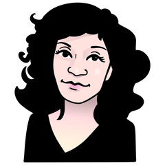 comic vector avatar of a smiling Mediterranean woman with black curly hair. face, emotion, isolated.