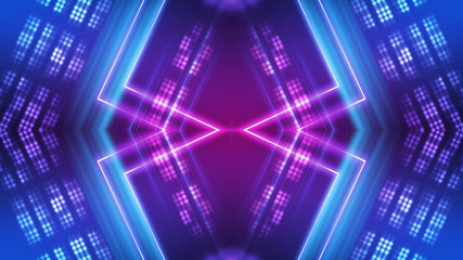 Dark abstract futuristic background. Neon glow, light lines, shapes. UV light.