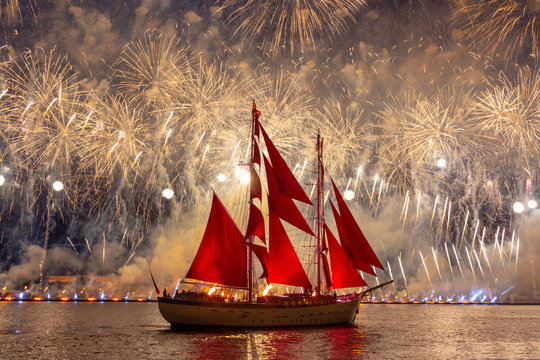 Scarlet Sails. Holiday For School Graduates.Miracle Night Show On The Neva. Saint Petersburg Russian Federation.