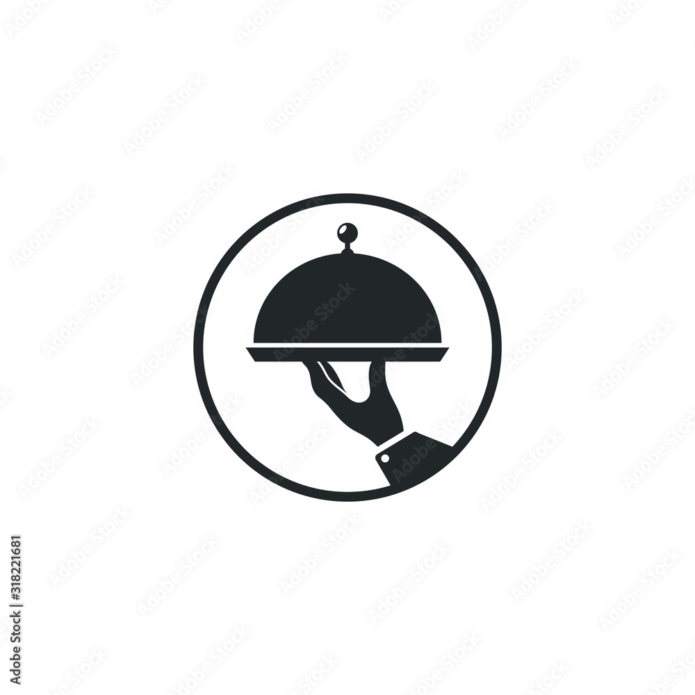 Aufkleber tray on a hand of hotel room service icon template color editable. covered food tray symbol vector s