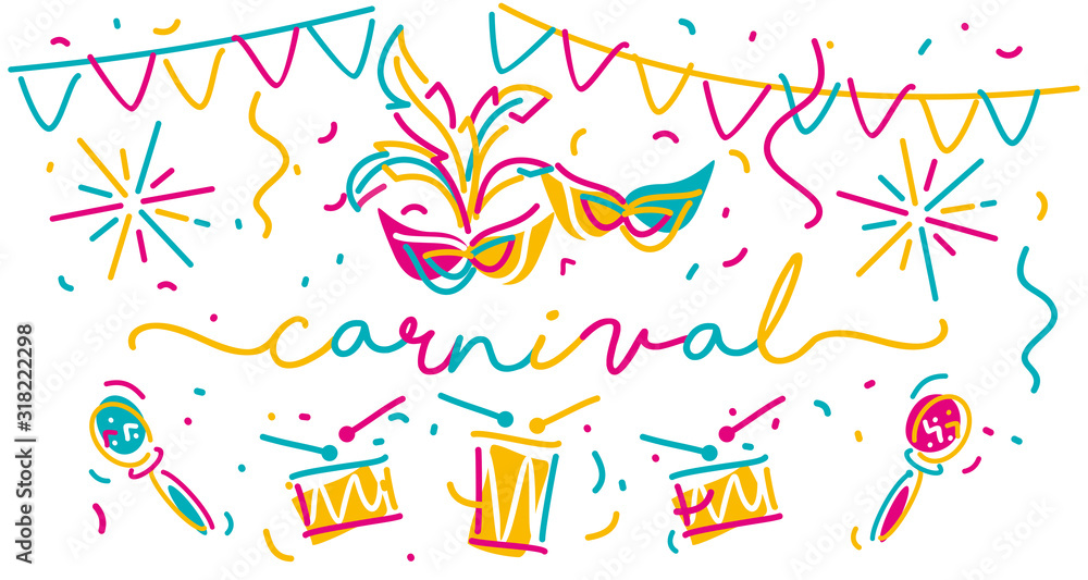 Wall mural carnival handwritten typography colorful carnival elements isolated white background