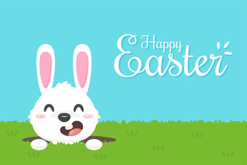 Happy Easter. Vector cartoon happy little bunny coming out of a hole in the lawn during Easter.