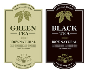 collection of green and black tea labels with leaves and cup