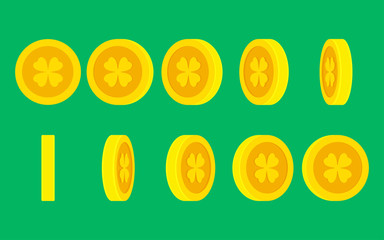 Coin with Four-leaf Clover rotating animation sprite sheet on plain background