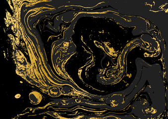 Minimalistic gold and black marble pattern. Agate ripple background.