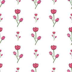 Fototapeta na wymiar Seamless pattern with adorable pink tulips on white background. Endless background for your design. Vector image.