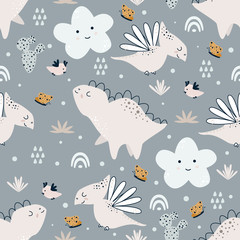 seamless pattern with cute dino and cloud - vector illustration, eps