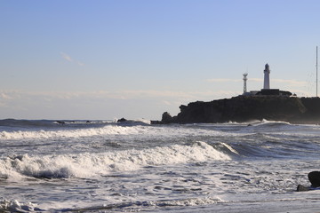 Lighthouse of cape Inubo and Kimigahama beach, Chiba, Japan. Copy space.