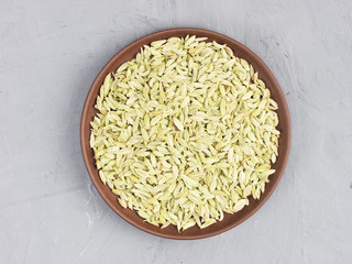 Fennel in brown clay plate on a gray concrete background. Healthy eating concept