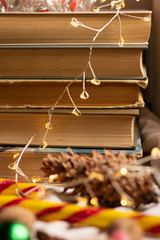 Fir cone near the stack of books. Old books. Close-up. Book pages
