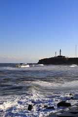 Lighthouse of cape Inubo and Kimigahama beach, Chiba, Japan. Copy space.