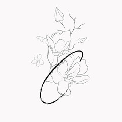 Handwritten Floral Logo Template. Line Drawing Monogram C with Magnolia Flower, Plants, Branches, Leaves. Design Element Vector Illustration. Branding. Wedding, photography, art, studio