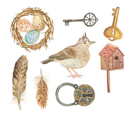 hand drawn watercolor illustration/Spring or Easter elements/lark,nest with eggs,feathers,birdhouse,rusty lock and keys