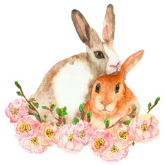 Watercolor hand painted nature wild nature animal composition with pink apple blossom flowers bouquet and green leaves and branches, ginger and beige white rabbit animals on the white background