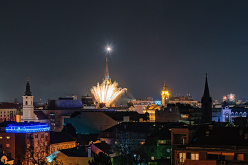 Novi Sad, Serbia January 01, 2020: New Year's fireworks in Novi Sad. Panorama of Novi Sad