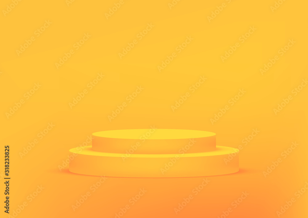 Poster empty podium studio orange background for product display with copy space. showroom shoot render. ba