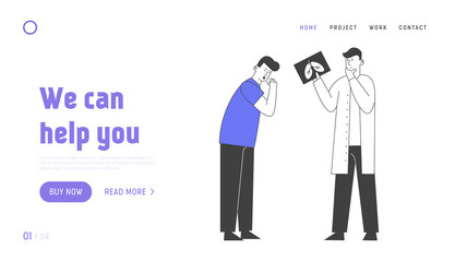Pulmonology Inspection Website Landing Page. Healthcare and Tuberculosis Treatment Doctor Look at X-ray of Diseased Lungs Search Problems Web Page Banner. Cartoon Flat Vector Illustration, Line Art
