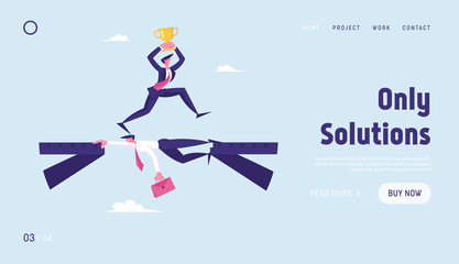 Strongest will Survive Website Landing Page. Business Man with Gold Goblet Running over Head of Colleague Lying like Bridge. Businessman Career Growth Web Page Banner. Cartoon Flat Vector Illustration