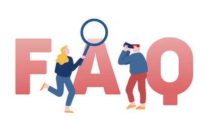 Faq Service Concept. People with Binoculars and Magnifier Asking Questions, User Manual or Guide, Customers Search Useful Information Poster Banner Flyer Brochure. Cartoon Flat Vector Illustration