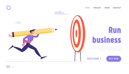 Aim Achievement Mission, Opportunity Challenge Website Landing Page. Business Strategy Goal Setting. Businessman Throwing Huge Pencil to Target Center Web Page Banner. Cartoon Flat Vector Illustration