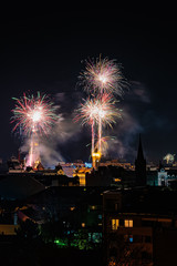 Novi Sad, Serbia January 01, 2020: New Year's fireworks in Novi Sad. Panorama of Novi Sad