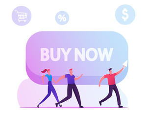 Happy Couple Following Man with Cursor Arrow in Hand Passing by Huge Button with Buy Now Inscription and Shopping Icons Flying around. Black Friday, Total Sale Concept Cartoon Flat Vector Illustration