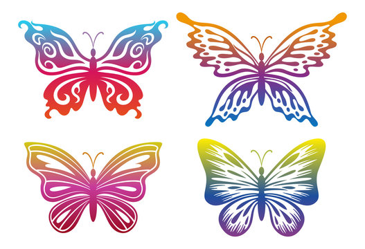 Set Symbolical Exotic Butterflies, Colorful Pictograms Isolated on White Background. Vector