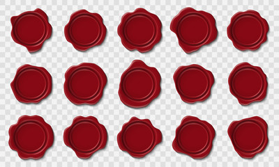 Realistic wax stamps. Envelope red wax seal, postmark cachet and retro security postage certificate vector isolated 3d post office icons set