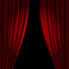 Open theatrical stage curtain. Realistic circus or opera curtains, stage red dramatic drapery. Scarlet velvet curtains in spotlight vector illustration. Circus and movie hall, standup classic interior