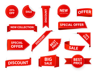Label tags. Realistic price ribbon tag, red market flags, retail and marketing best offer labels and stickers. Shopping sales sticker template vector illustration set. Corner sale new product elements
