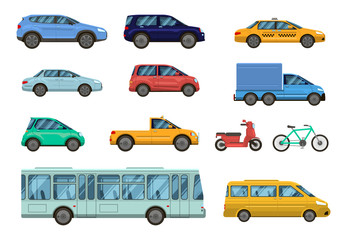 Transportation vehicle. Public cars, taxi, city bus and motorcycle, bike. Road urban public transport, car side view collection vector isolated set