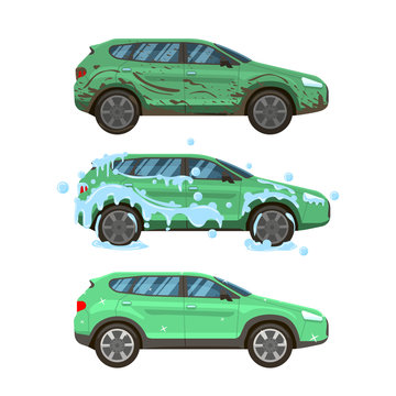 Dirty Car Wash. Messy City Traffic Automobile, Steps Of Cleaning Car Washing From Dirty And Muddy To Neat And Clean Vector Isolated Illustration Set, Washer Service Infographic