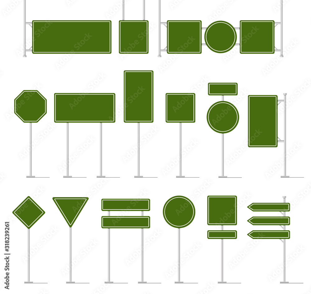 Poster road traffic signboard. green blank traffic signs, empty direction sign board mockup, street locatio