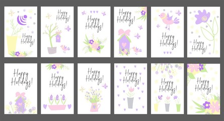 Set of bright cards. Happy Holidays. Children's style. Simple illustrations. Cute kawaii characters. Spring flowers and banners. Collection of birds, birdhouses, flowers. Garden Supplies..