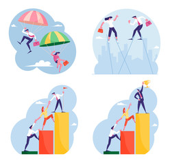 Fototapeta na wymiar Set Businesspeople Falling Down with Parachute, Walking on Stilts and Climbing Up by Column Chart. Business People Teamwork, Skydivers Risk Danger and Safety Concept. Cartoon Flat Vector Illustration